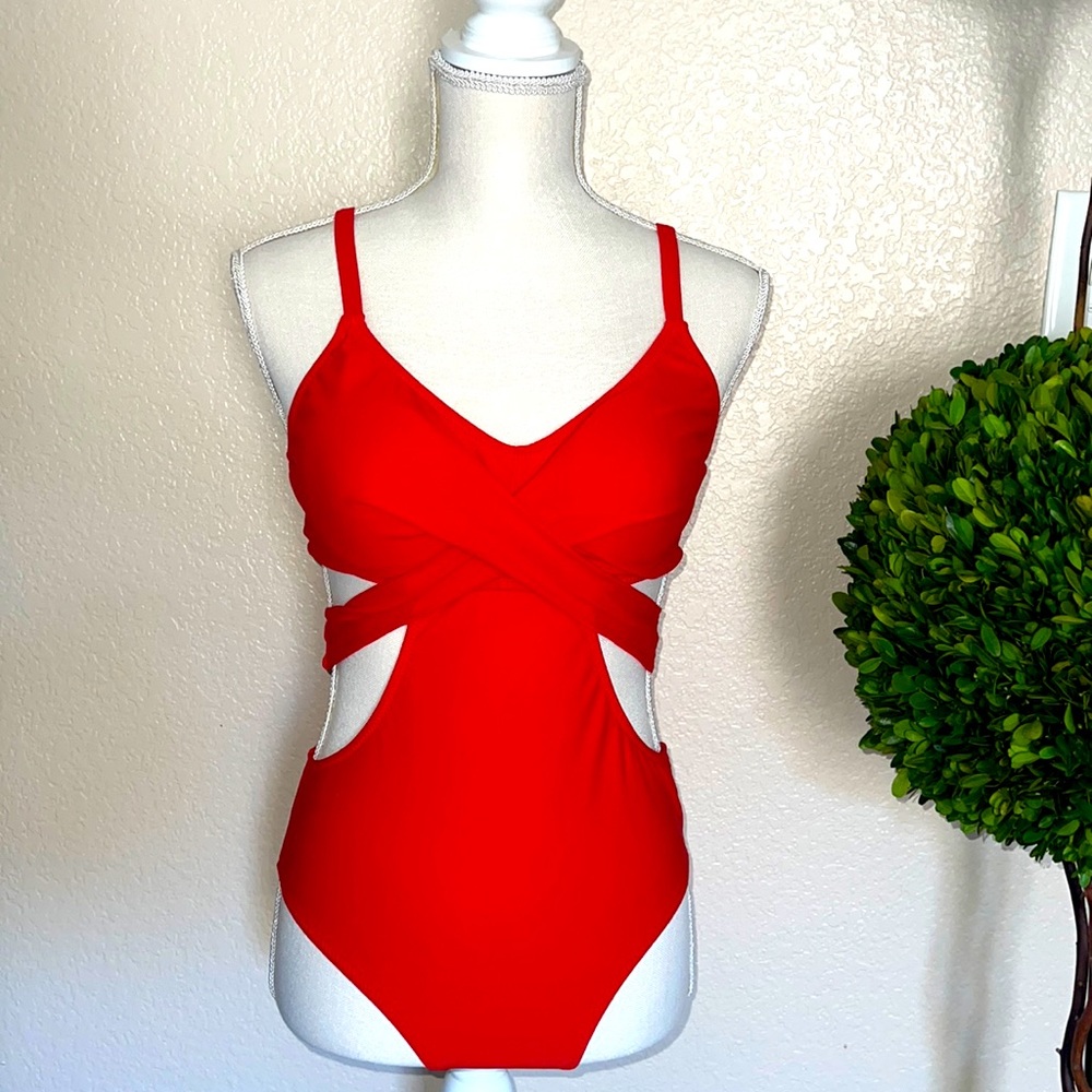 Wrap Tie Back One Piece Monokini Swimsuit Red Sz Large